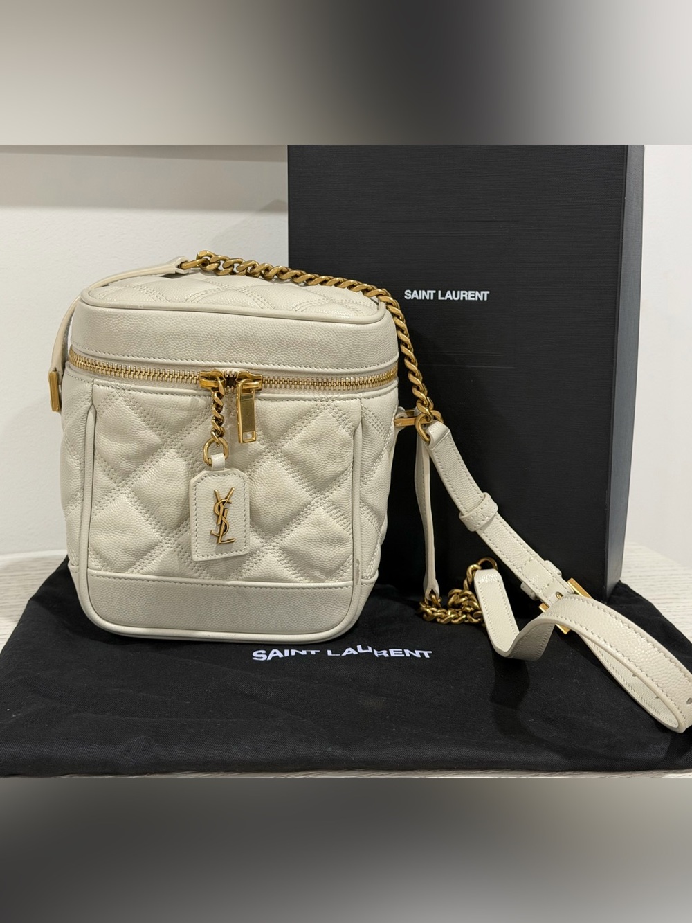 Saint Laurent Cream Quilted Crossbody Camera Bag with Gold Hardware
